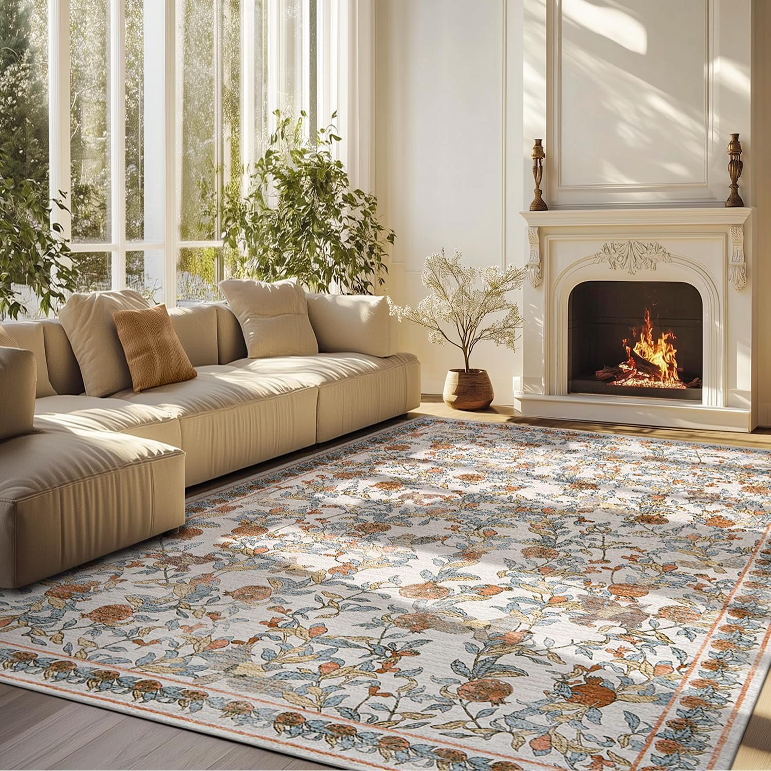 Vintage Floral Area Rug Soft Non-Slip Washable Carpet for Home