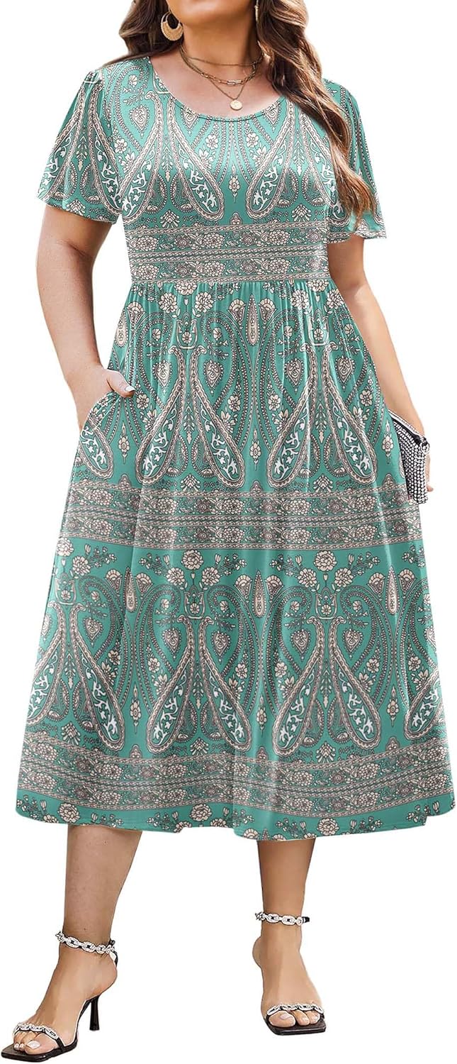 Plus Size Short Sleeve Casual A-Line Midi Dress with Pockets