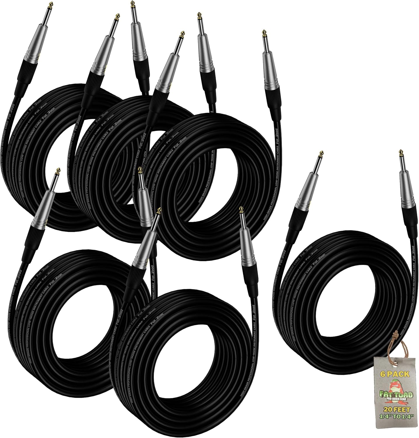 Fat Toad Guitar Cords 6-Pack 20ft High-Quality Instrument Cables