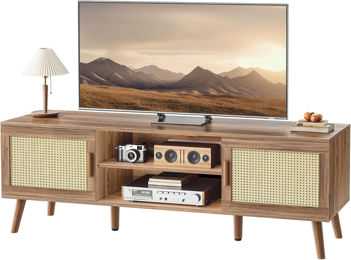 Boho TV Stand for 65 Inch TV with Rattan Doors and Storage