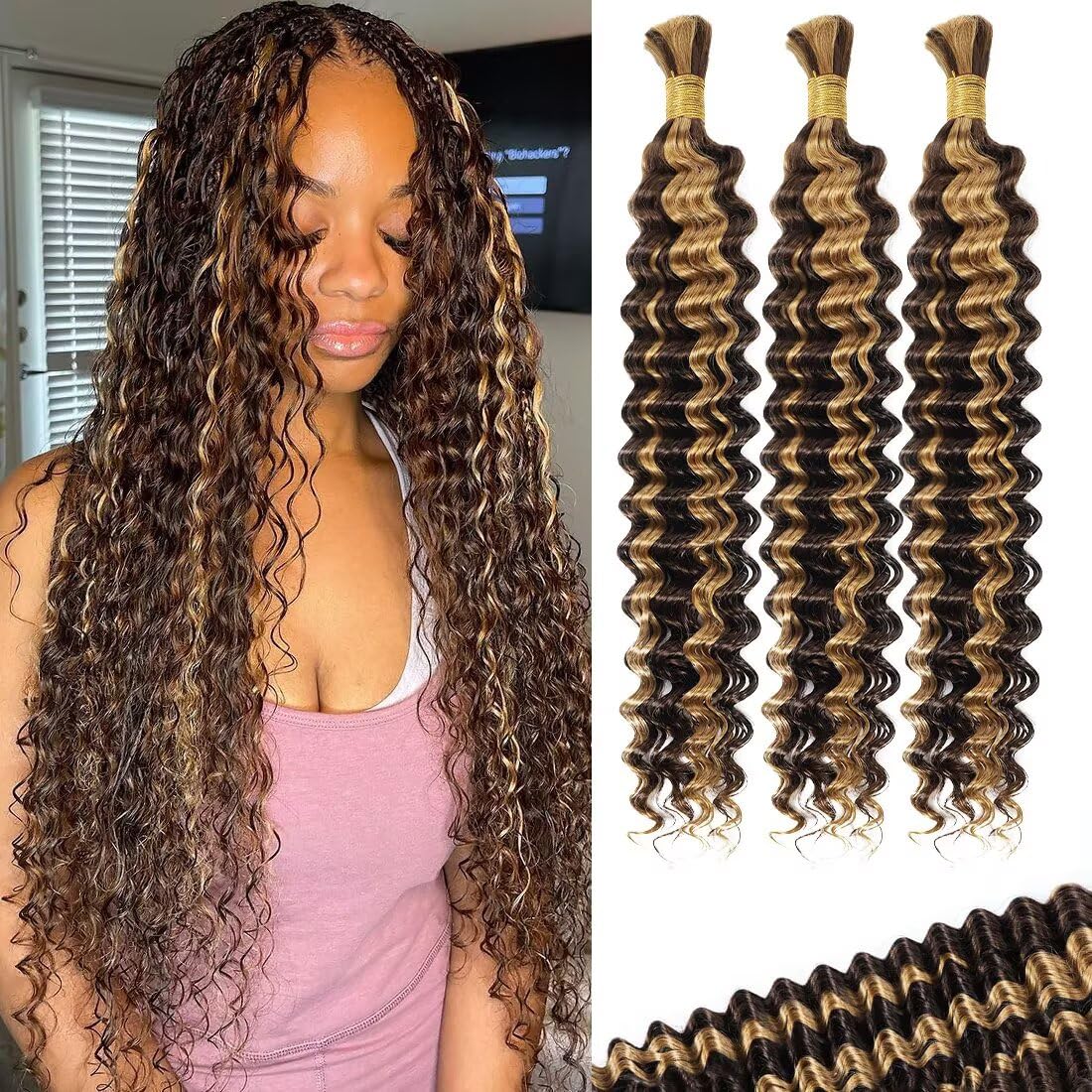 Ombre Brown Blonde Human Braiding Hair for Boho Braids 20 in