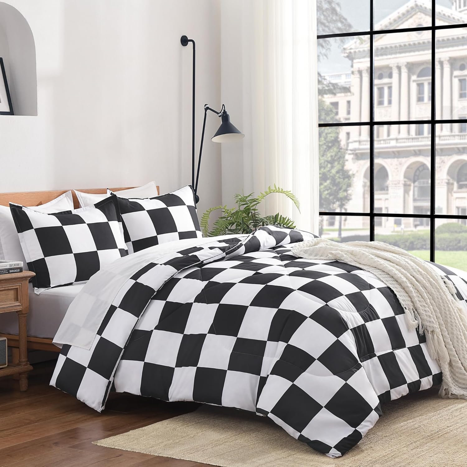 Andency King Plaid Comforter Set - Black White Checkered Bedding