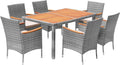 Beige Cushion Grey Rattan 7 PCS Patio Dining Set - Outdoor Acacia Top
