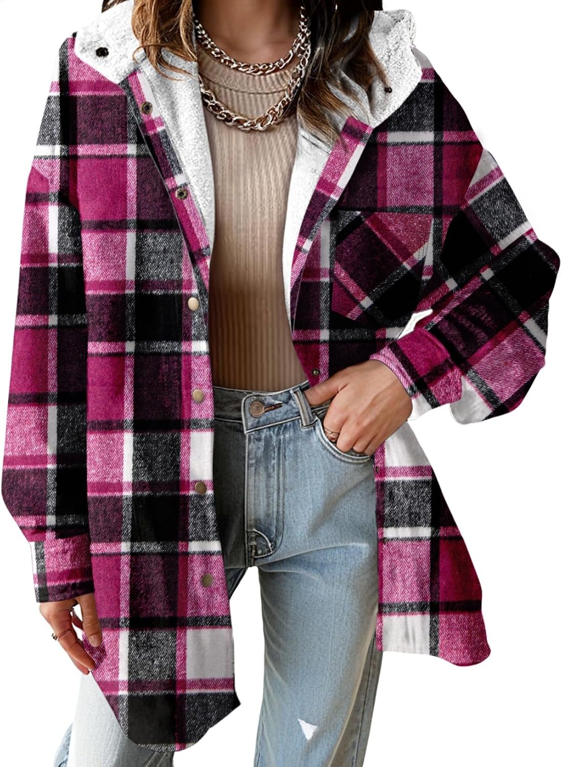 Dokotoo Women's Flannel Hooded Plaid Shacket for Winter Warmth