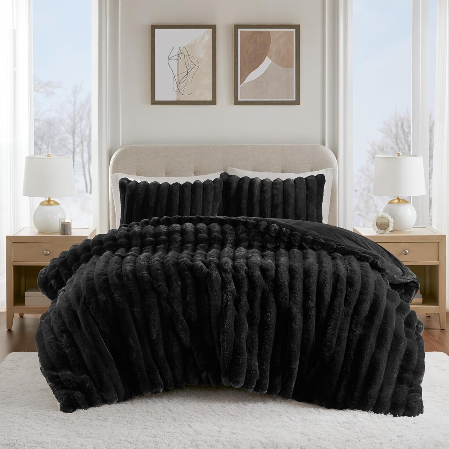 Reversible Faux-Fur Plush King Comforter Set for All Seasons