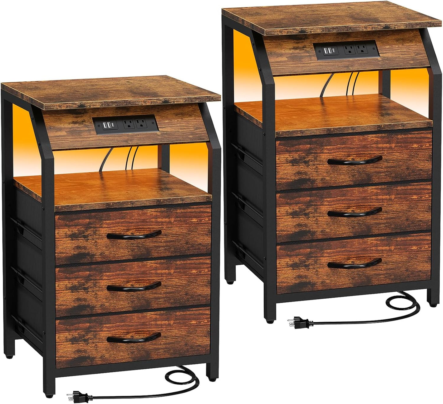 End Tables Set of 2 with Charging Station and LED Lights