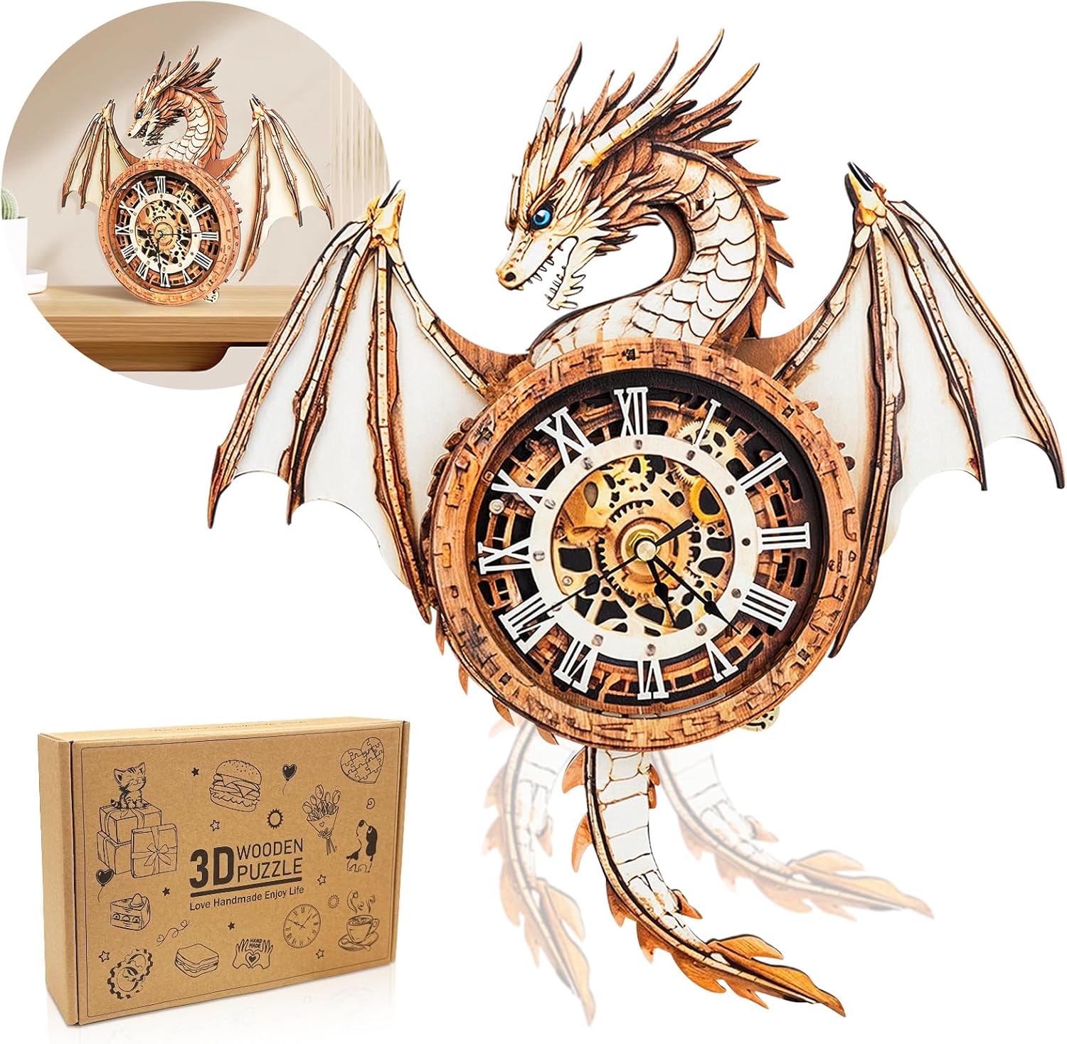 3D Puzzle for Adults Clock-Dragon Design Model Kit for DIY Lovers