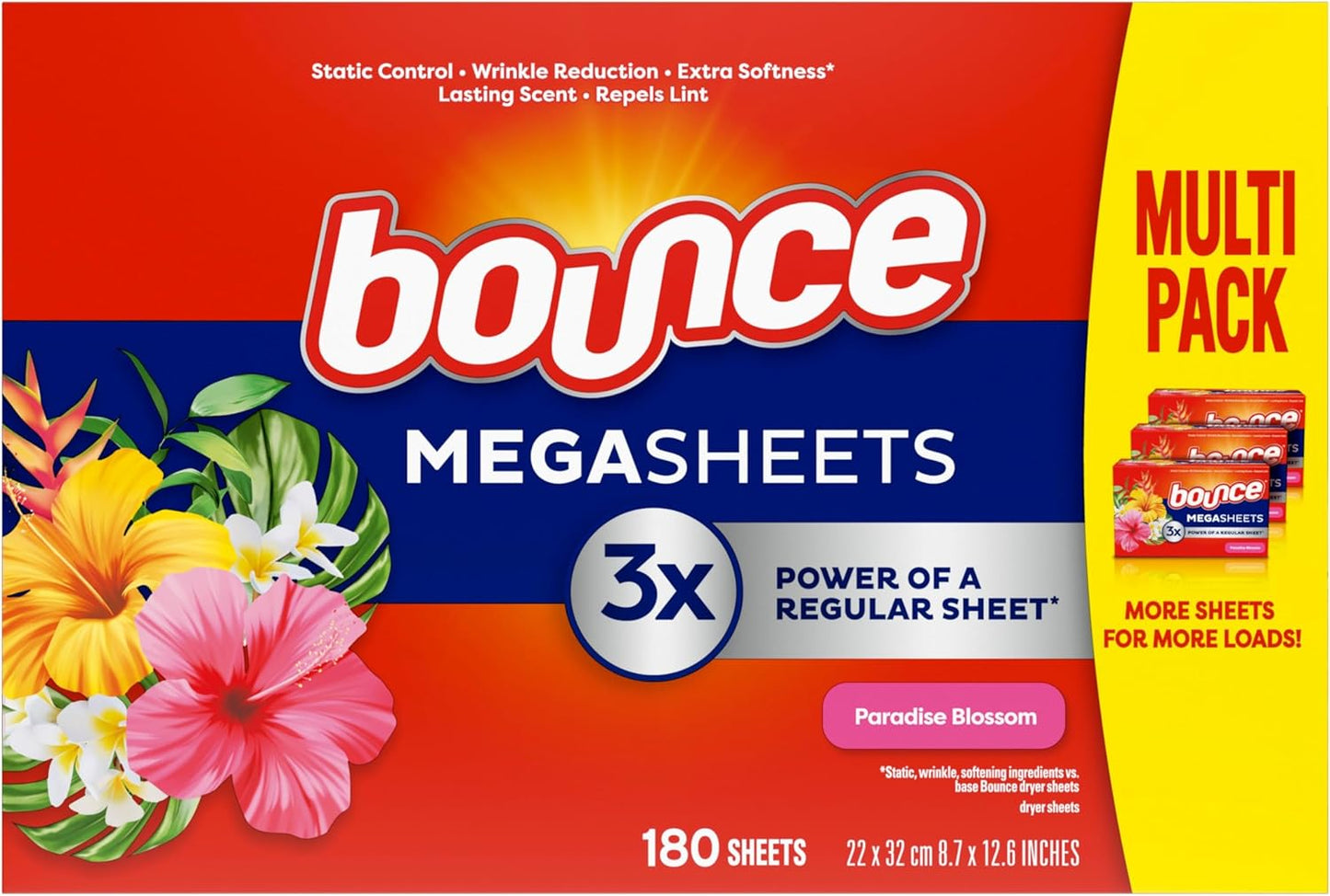 180-Count Bounce Mega Dryer Sheets, Paradise Blossom Scent
