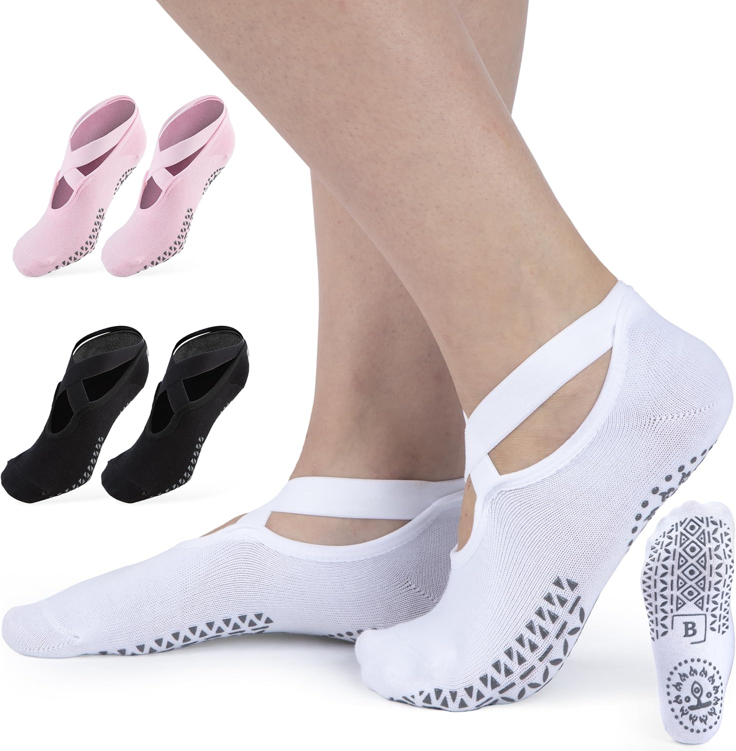 Non-Slip Pilates Grip Socks - 3 Pairs in White, Black, Pink
