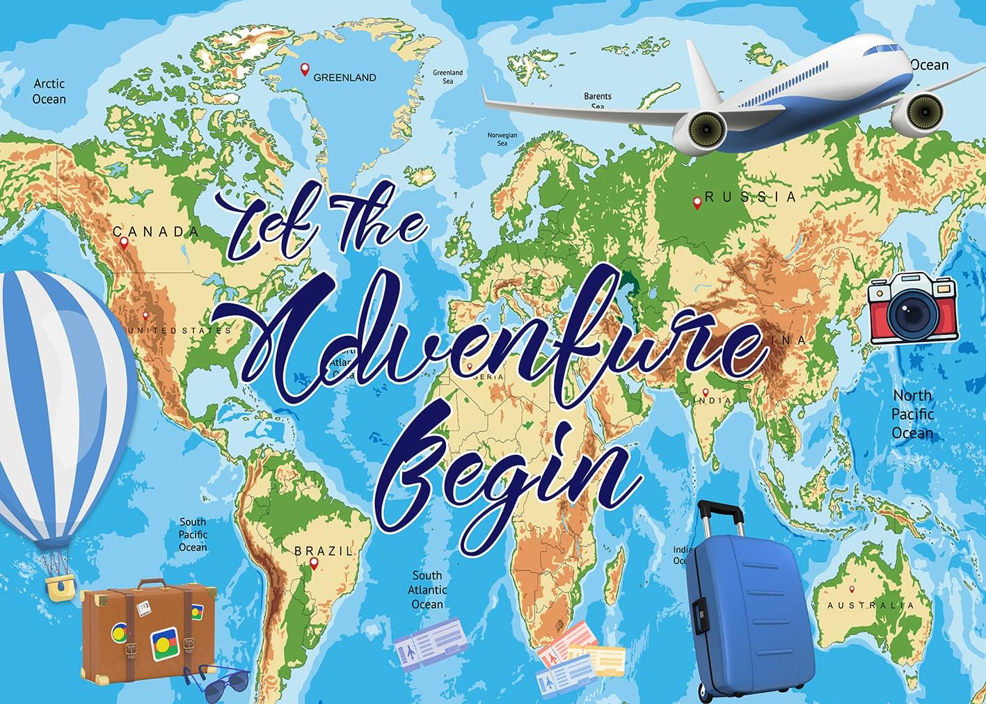 Adventure Awaits Backdrop 10x8ft Travel Themed World Map