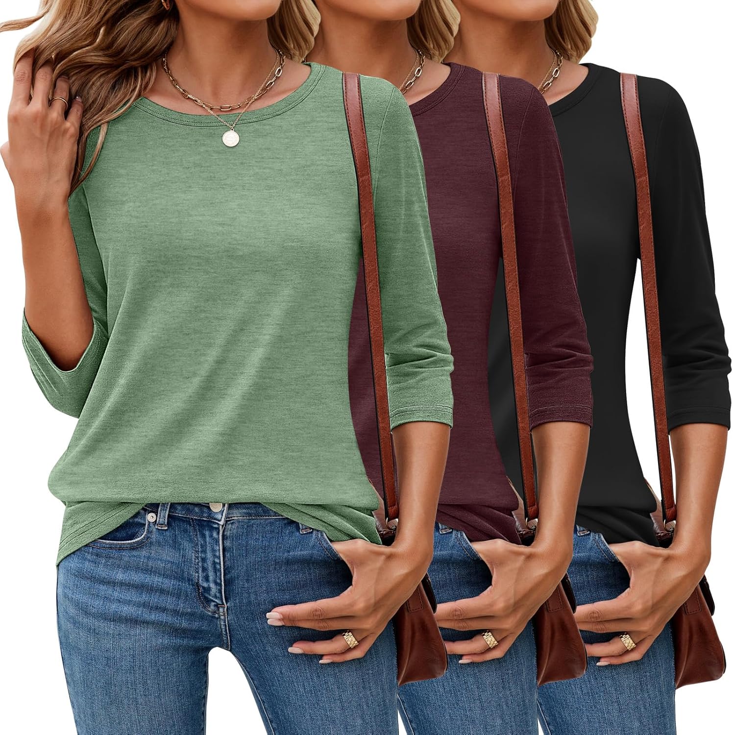 3 Pack 3/4 Sleeve Tops for Women - Dressy Casual Tees