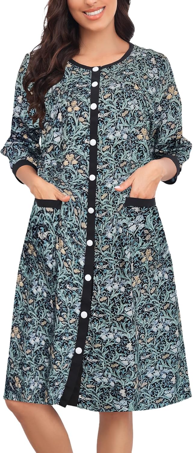 Bloggerlove House Dress Women Cotton Snap Front Nightgown