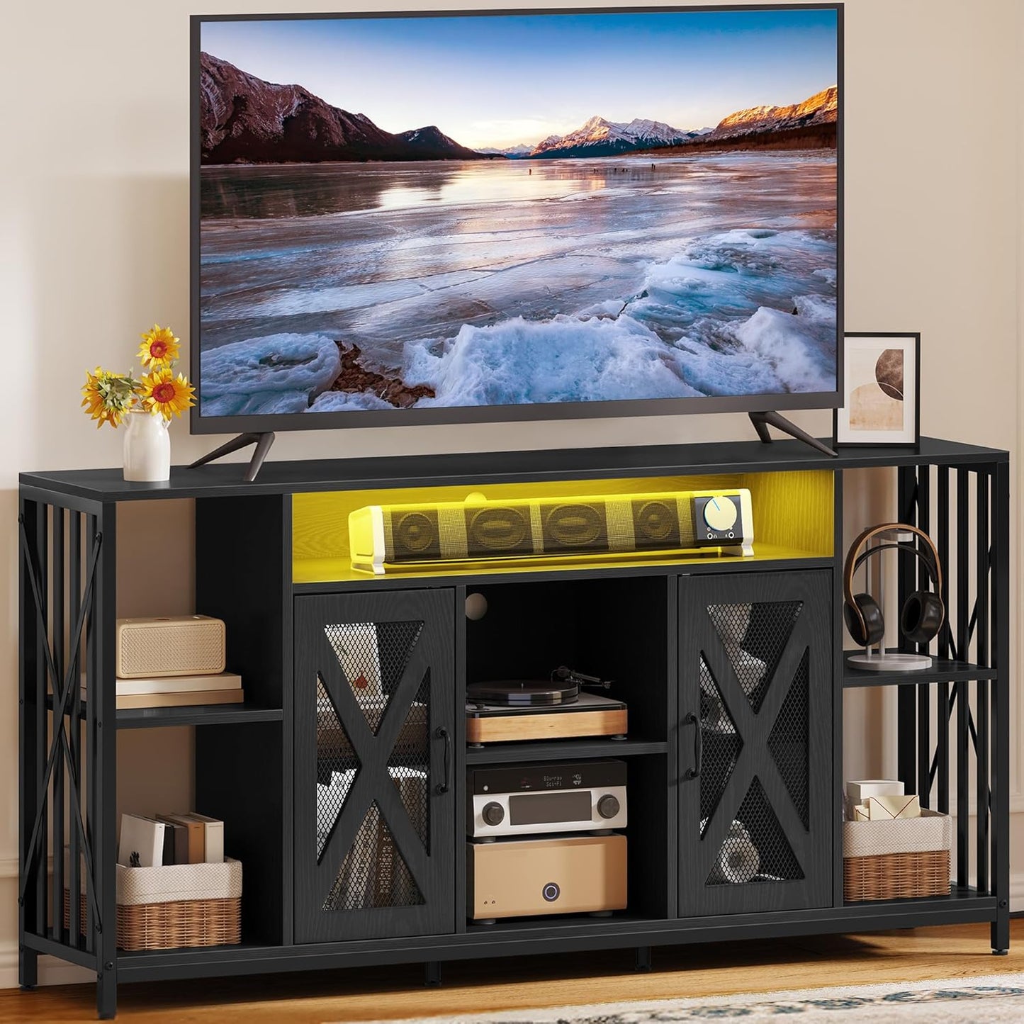 YITAHOME 33.5'' Tall TV Stand with LED Light & Power Outlets