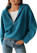 V Neck Rib Knit Quarter Zip Pullover Sweater - Relaxed Casual Fit