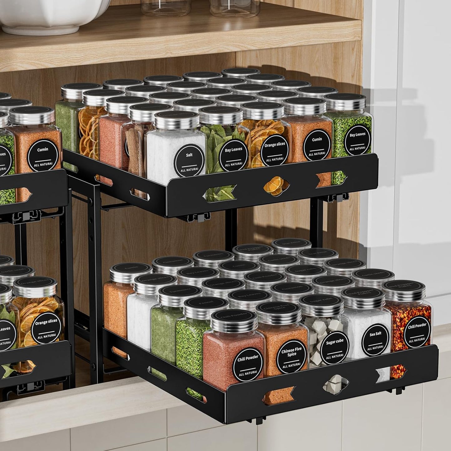 Pull Out Spice Rack Organizer for Cabinet - 2 Tier Adjustable Rack