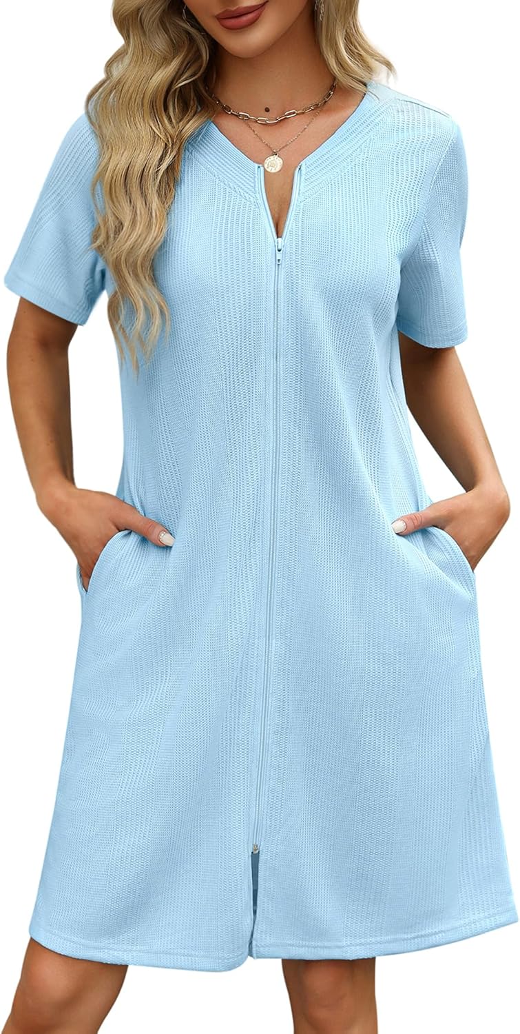 Ekouaer Women Zipper Robes Waffle Short Bathrobe with Pockets