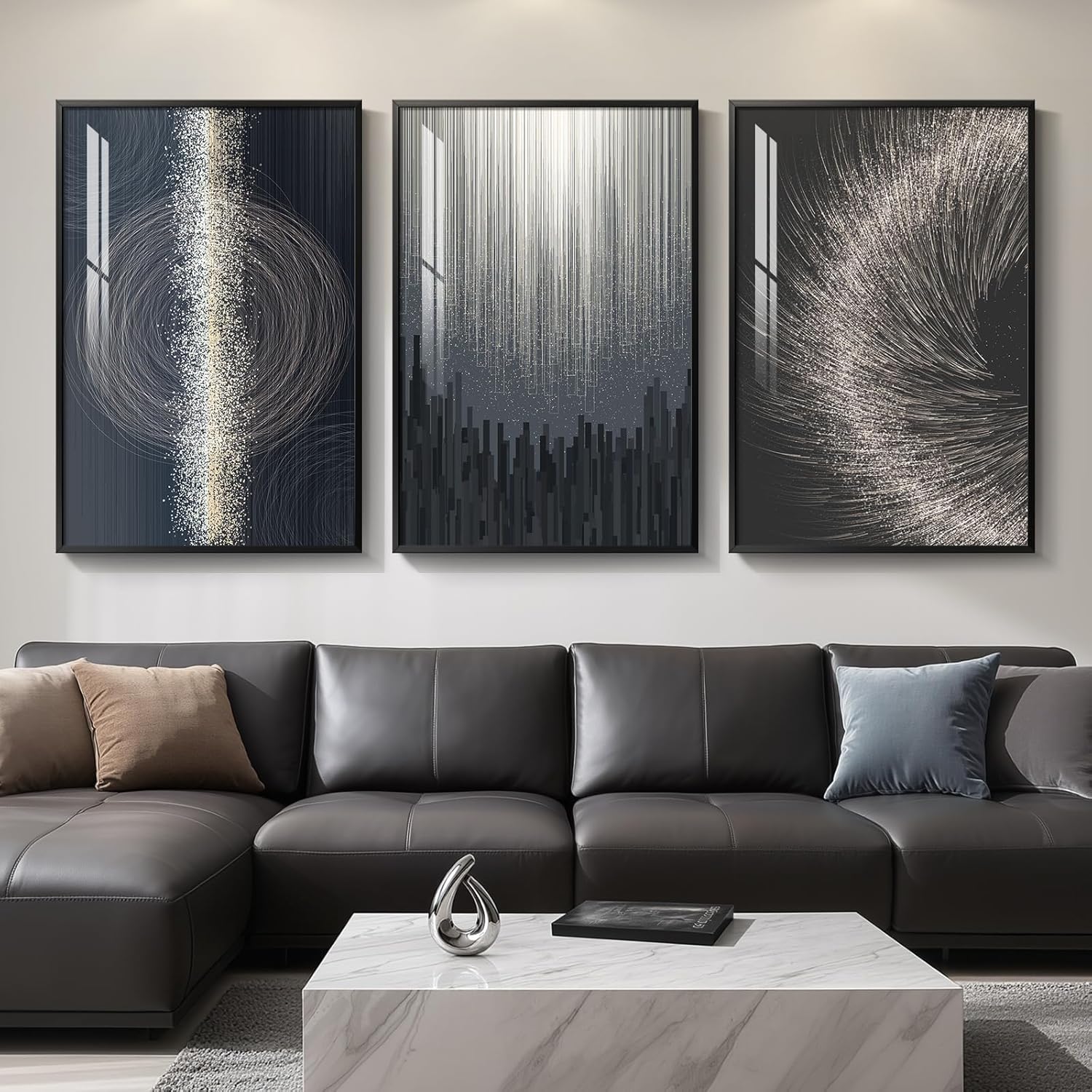 Large Framed Black Silver Modern Abstract Wall Art Set of 3