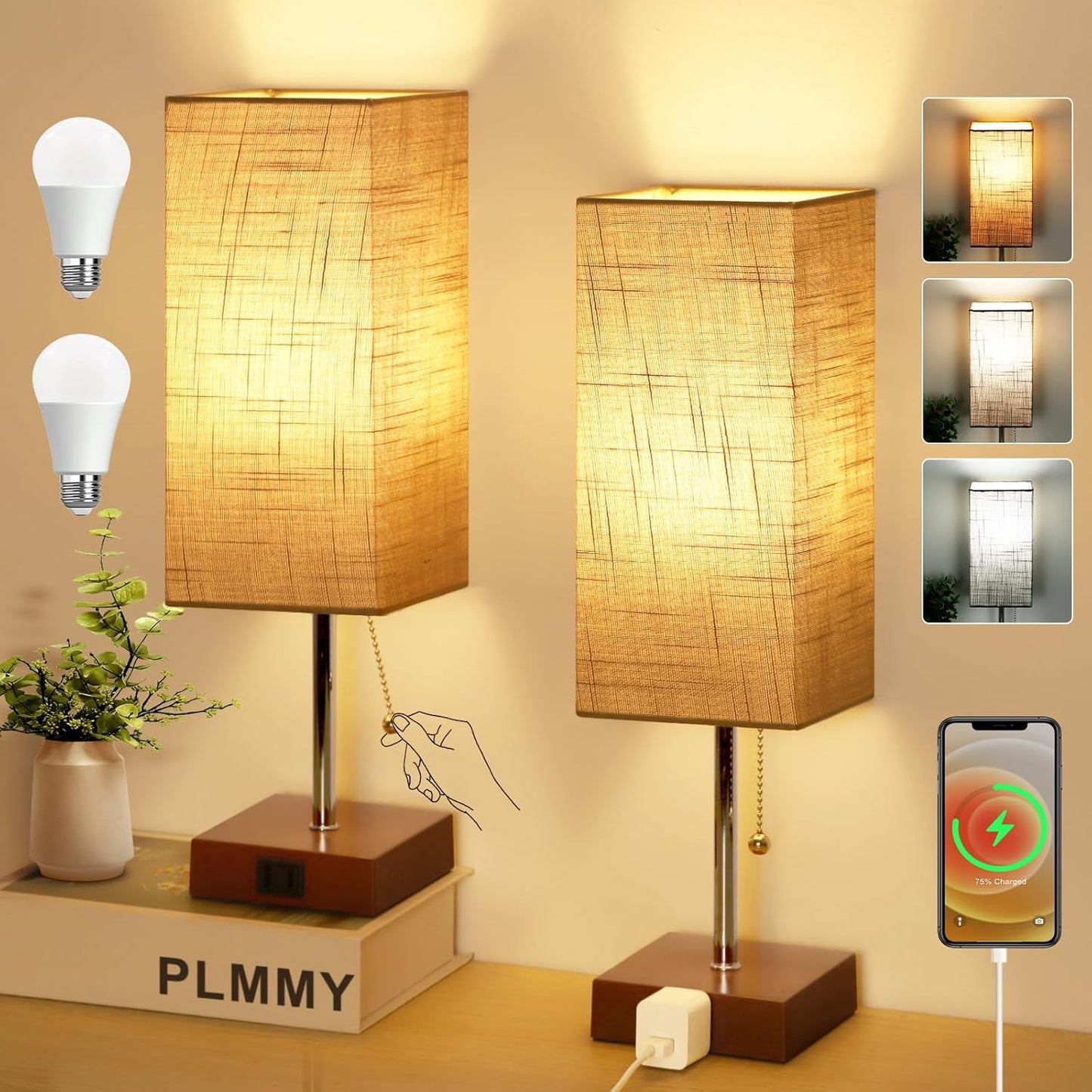 Bedside Table Lamp Set of 2 with 3 Color Modes and Outlets