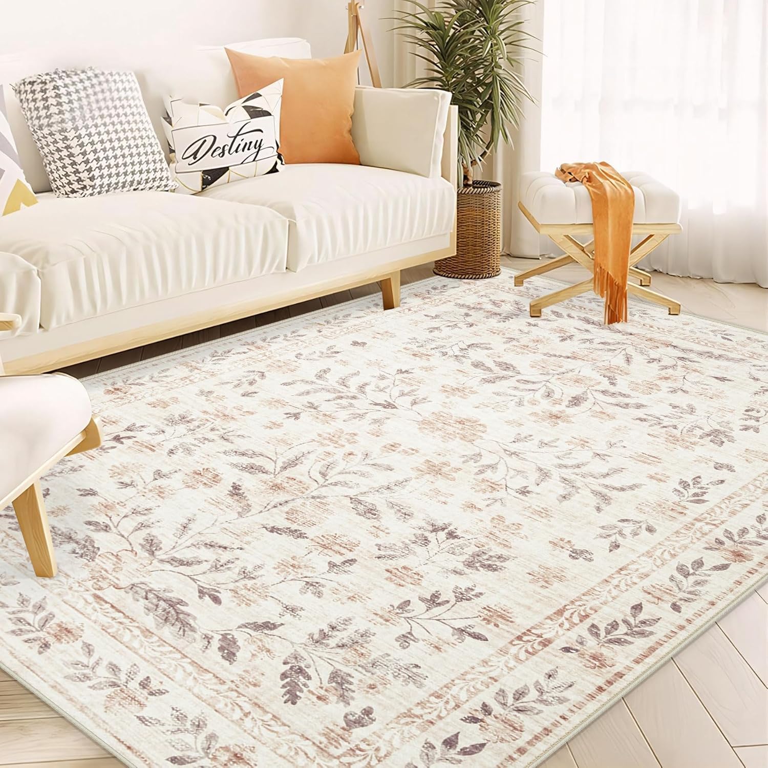 Boho Floral Area Rug 6x9 Soft Non-Slip Washable for Home