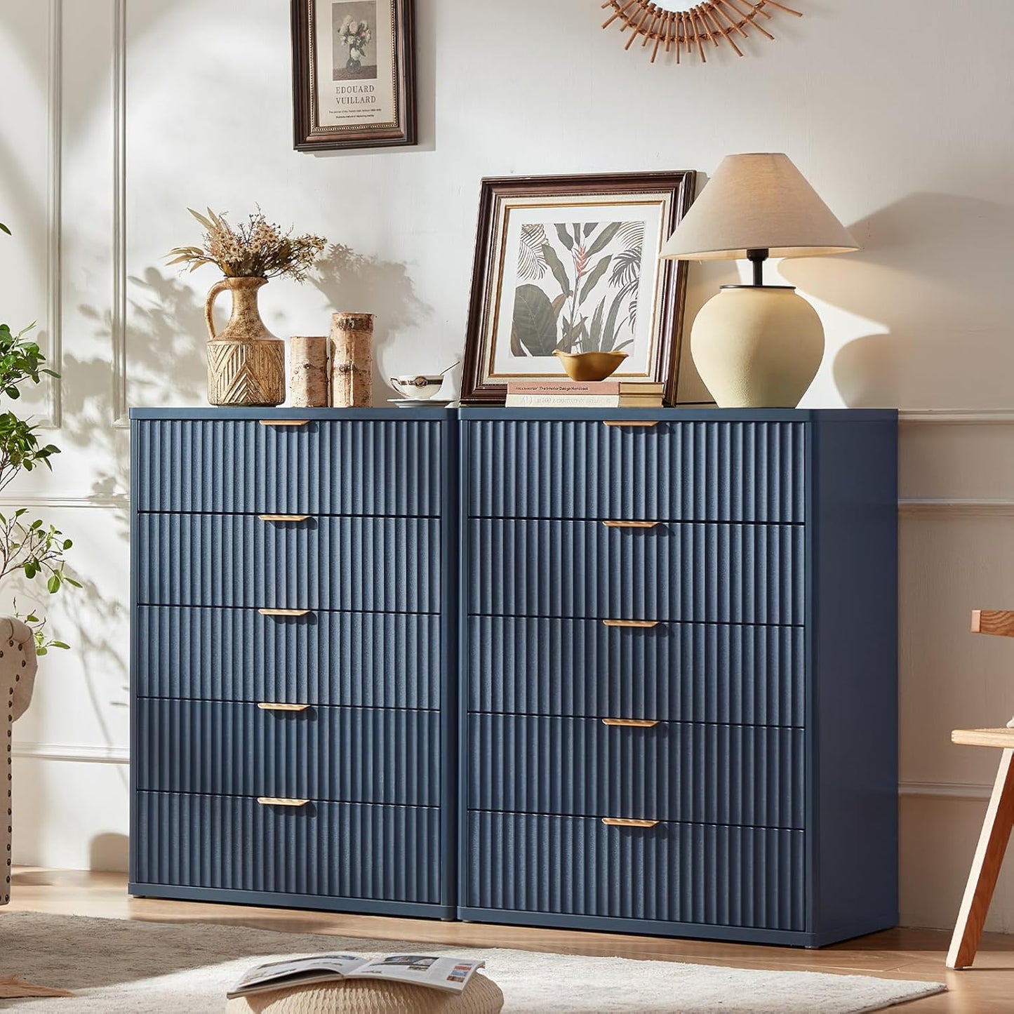 Fluted 5 Drawers Dresser Set of 2 for Modern Storage Needs