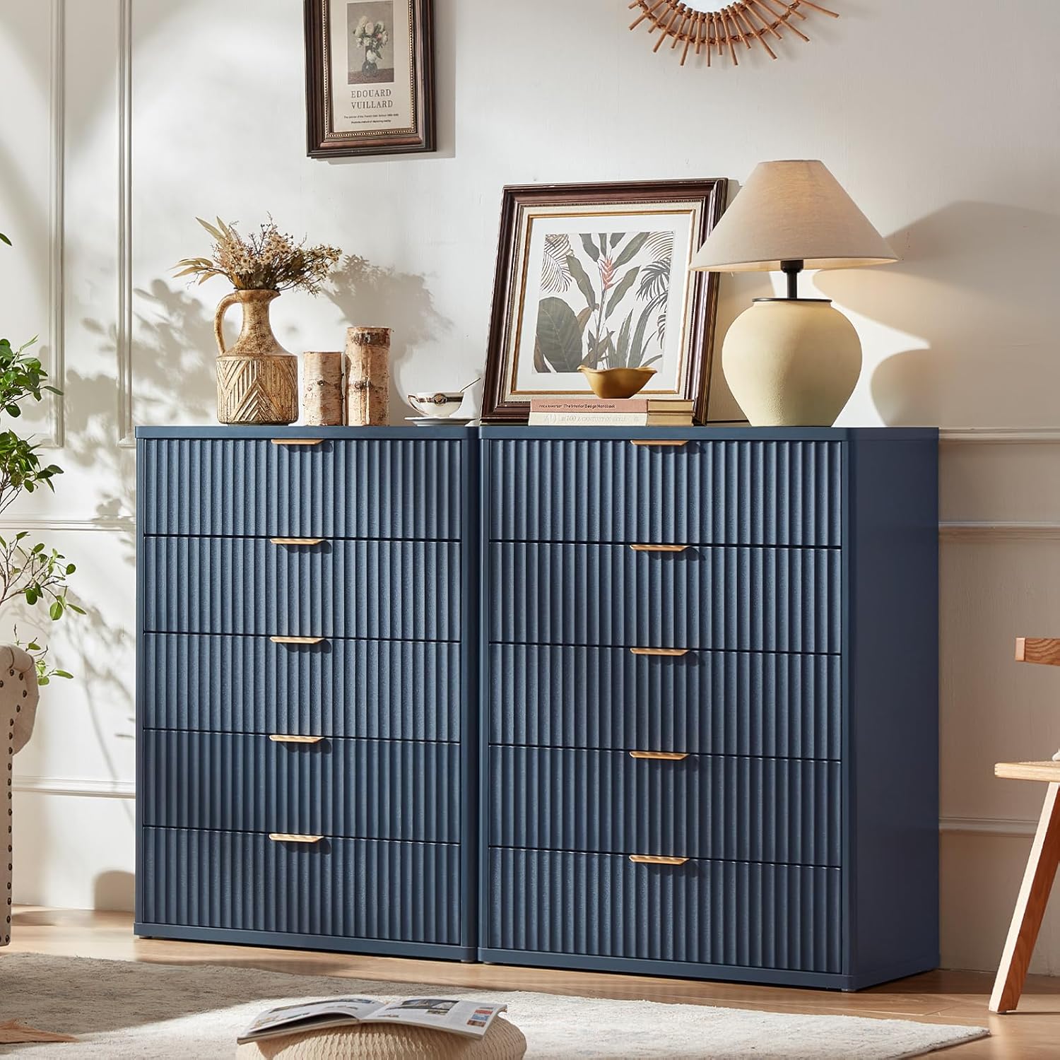 Fluted 5 Drawers Dresser Set of 2 for Modern Storage Needs