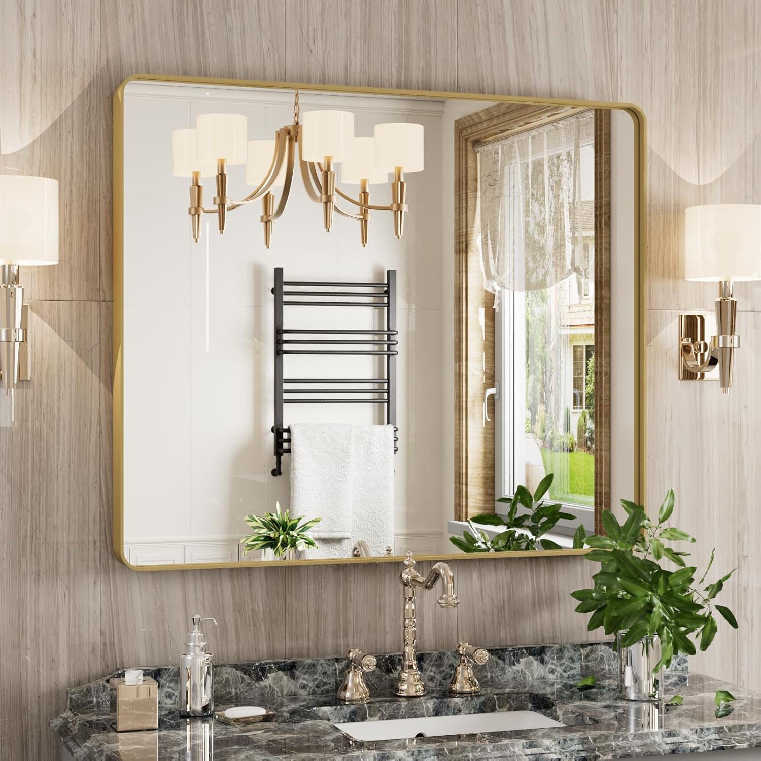 Gold Bathroom Mirror with Brushed Metal Frame for Elegance