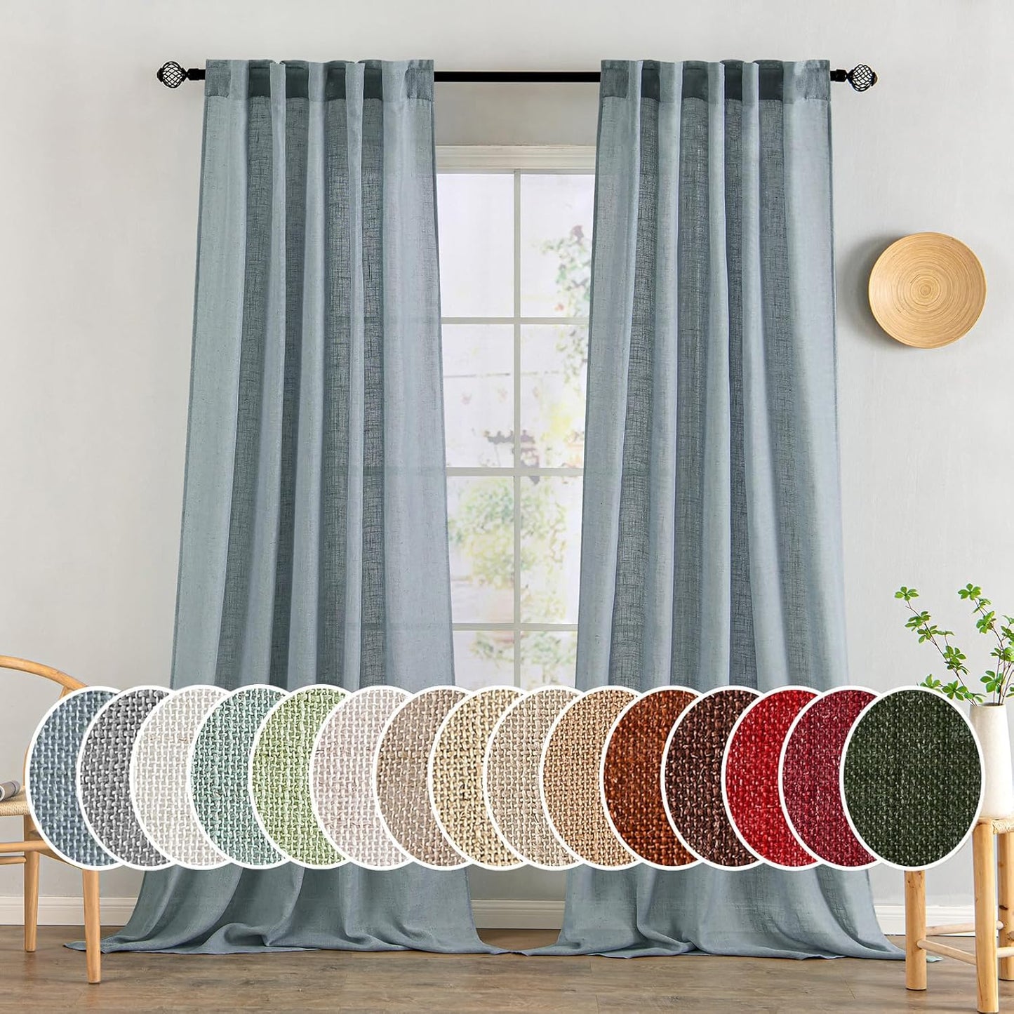 MIULEE Dusty Blue Linen Curtains for Bedroom and Living Room
