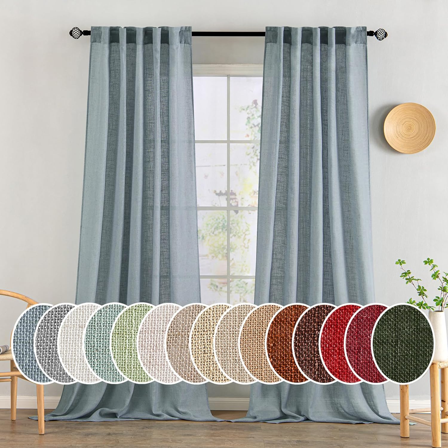MIULEE Dusty Blue Linen Curtains for Bedroom and Living Room