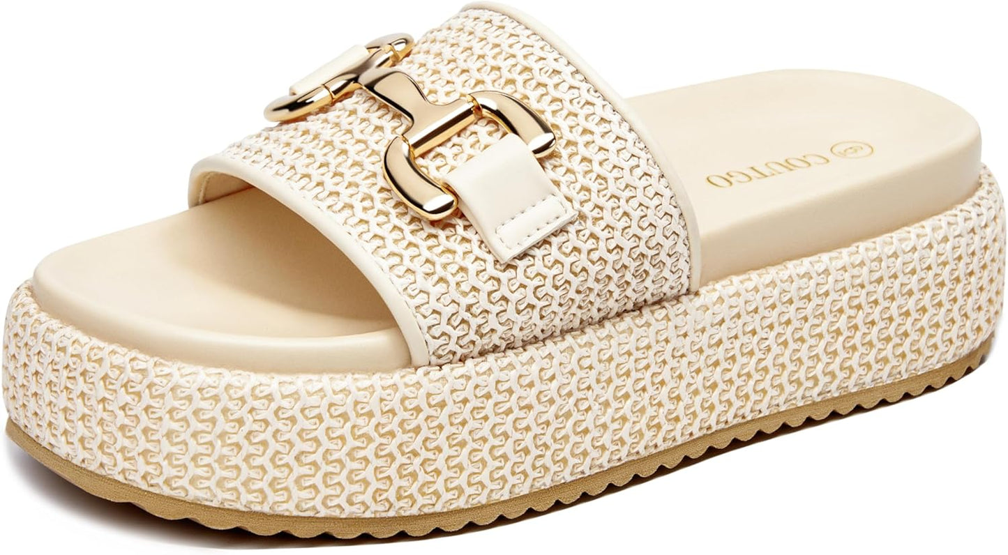 Coutgo Womens Platform Sandals with Raffia and Metal Chain