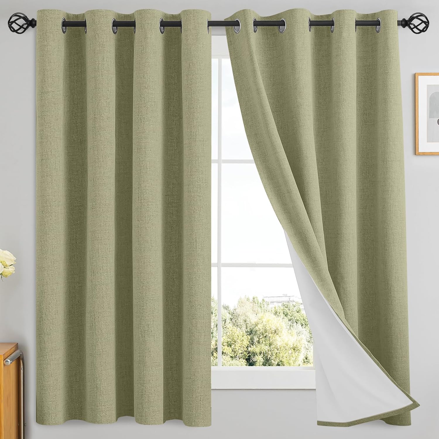 Yakamok Sage Green Linen Curtains 100% Blackout 63 Inches Long