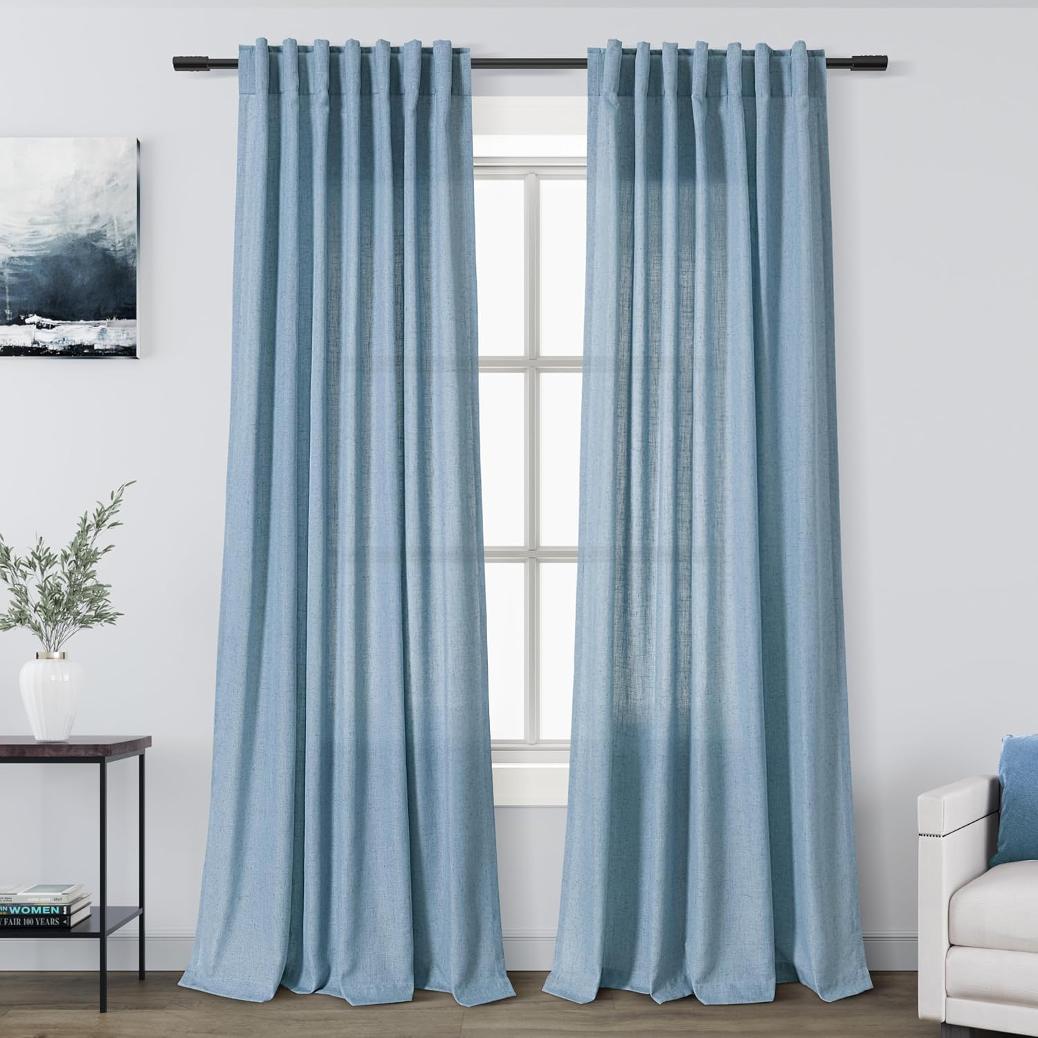 Nanspring Blue Semi Sheer Linen Curtains for Modern Farmhouse