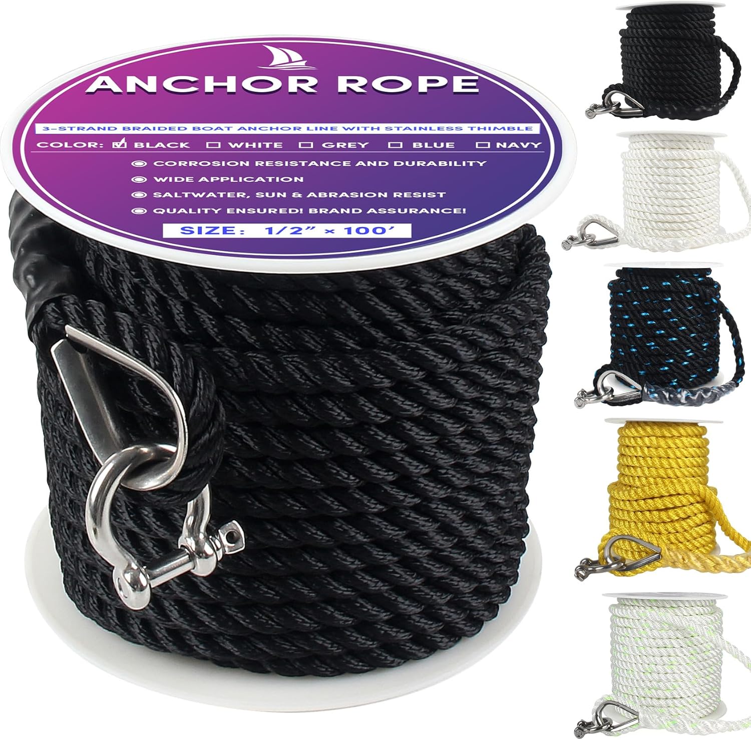 Boat Anchor Rope 100 ft x 1/2 inch for Towing and Mooring