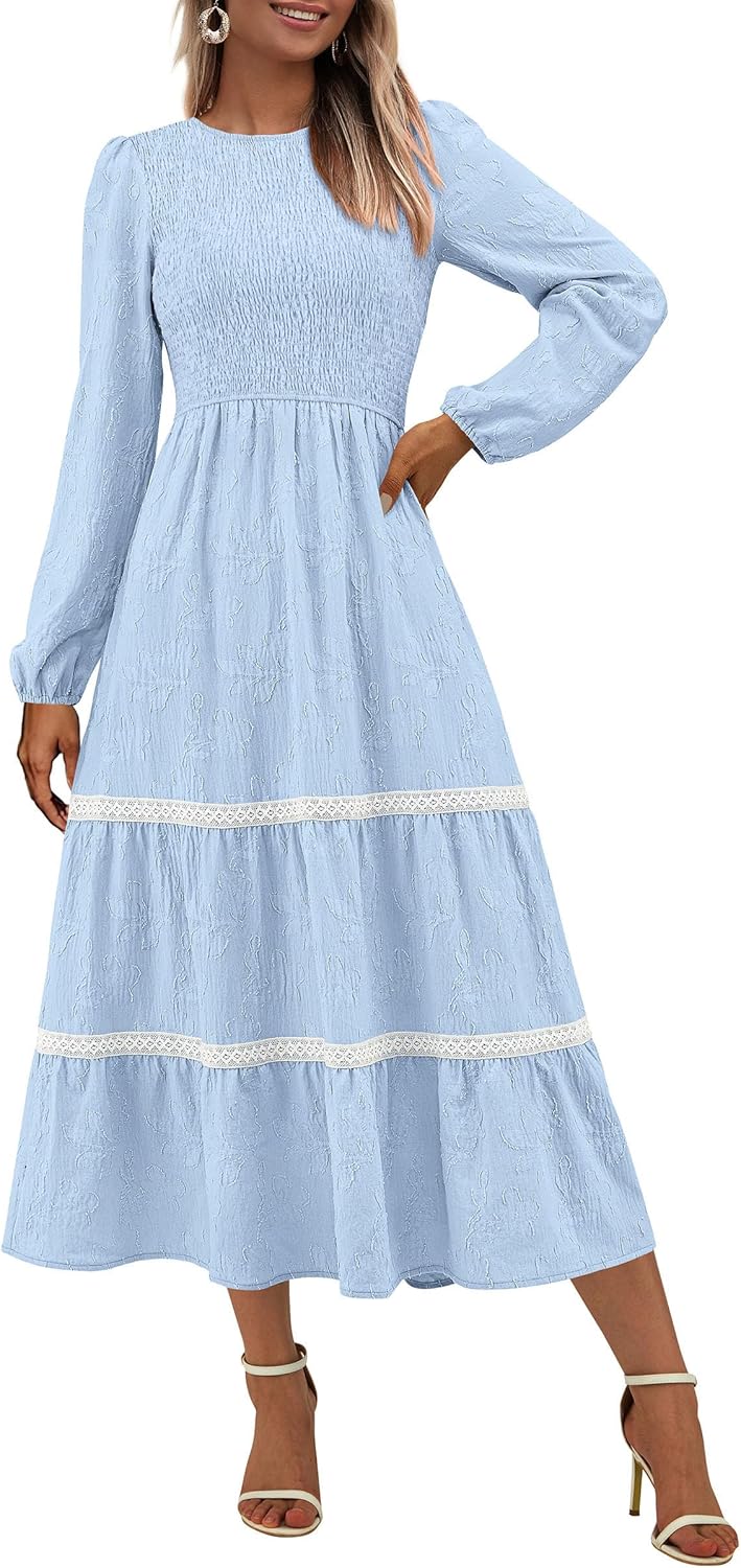 PRETTYGARDEN Long Sleeve Floral Boho Midi Dress for Women