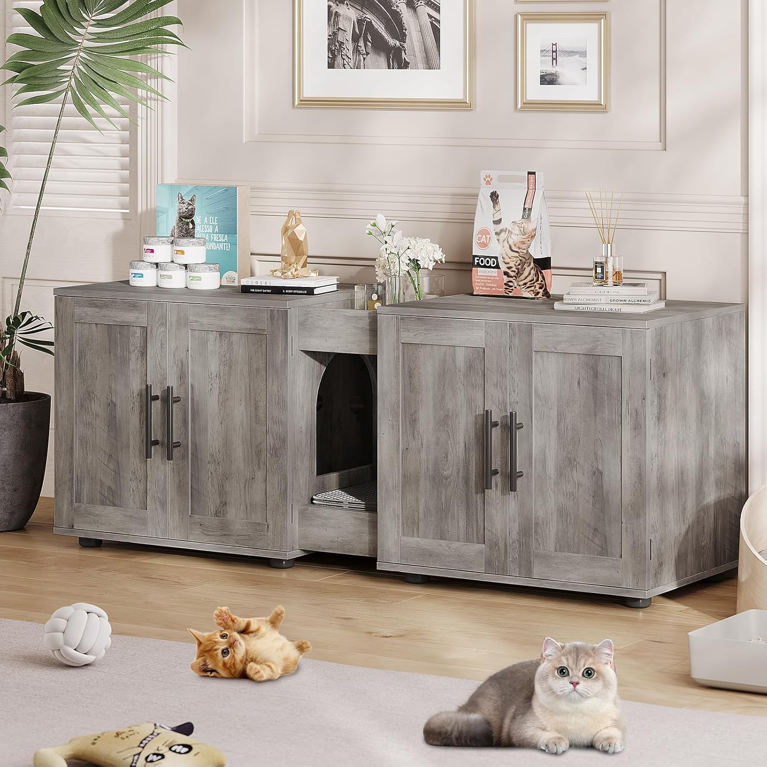 Double Room Cat Litter Box Enclosure for Two Cats in Grey