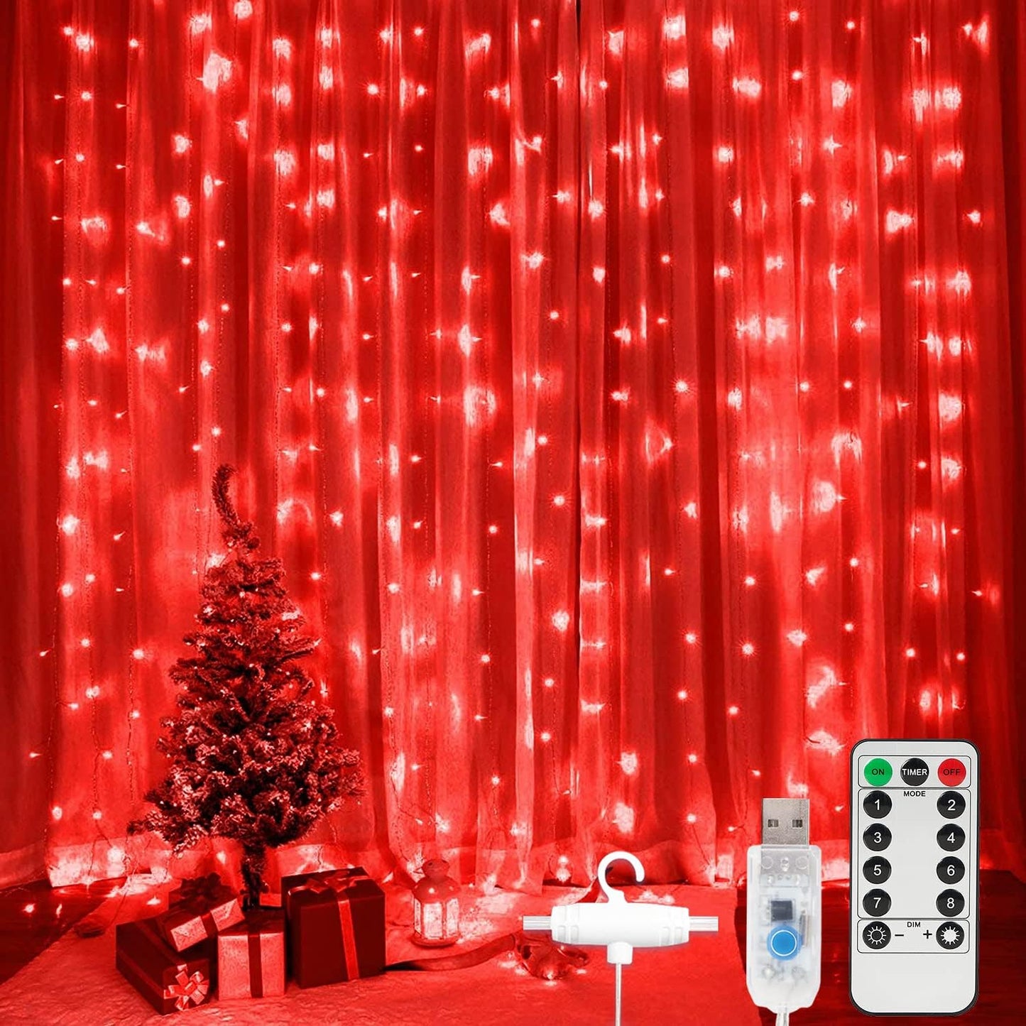 300 LED Red Curtain Lights - Remote Controlled Twinkle for Bedroom