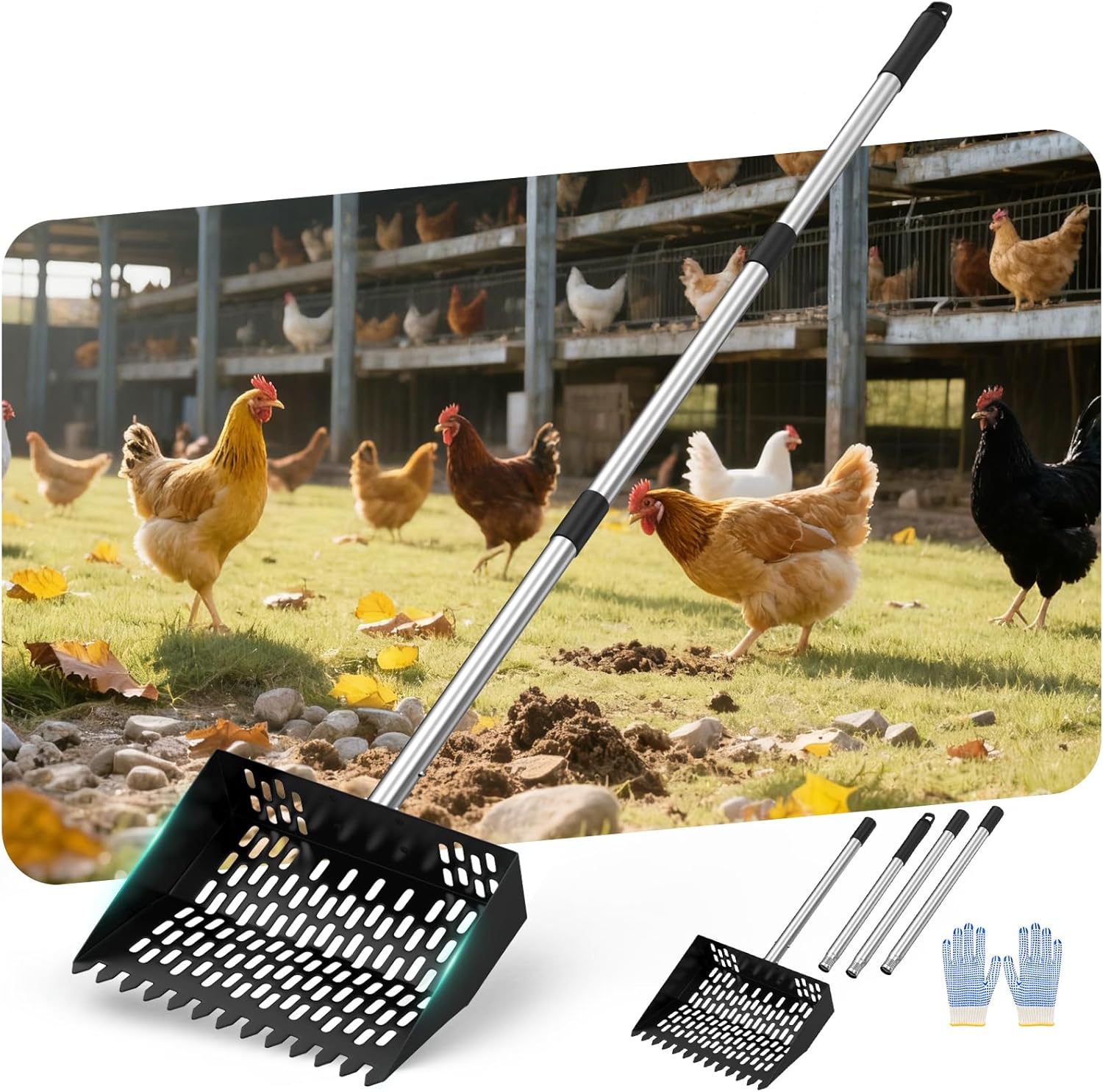 Chicken Poop Scooper for Sand with Adjustable Handle and Rake