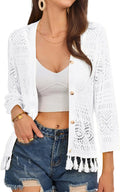 3/4 Sleeve V-Neck Crochet Knit Shrug with Tassels - Lightweight