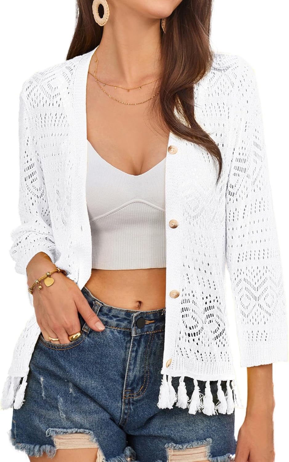 Stylish 3/4 Sleeve V-Neck Boho Crochet Knit Cardigan Sweater