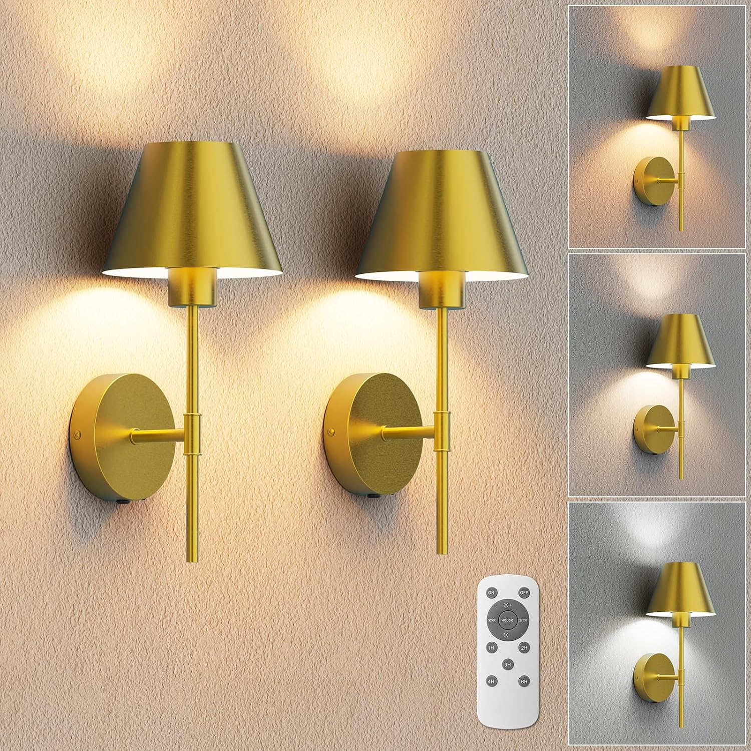 Battery Operated Wall Sconces Set of Two in Brushed Gold Finish