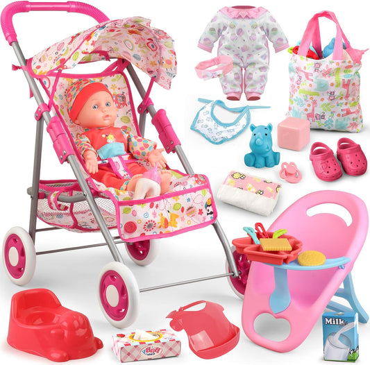 12.5 Doll Stroller Set - 20 Accessories, 2 Outfits
