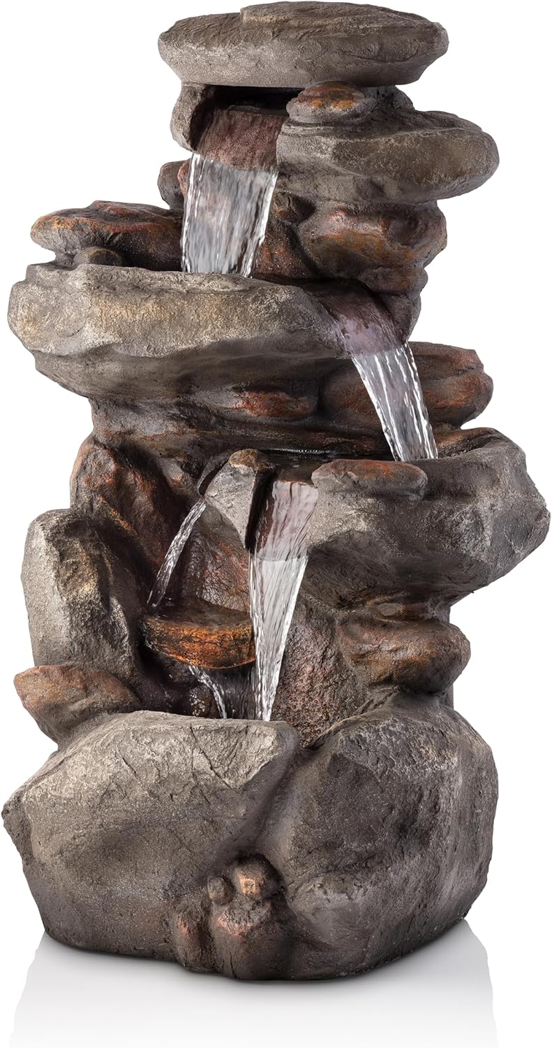 Alpine 40in 4-Tier Rock Floor Fountain with LED Lights for Outdoors
