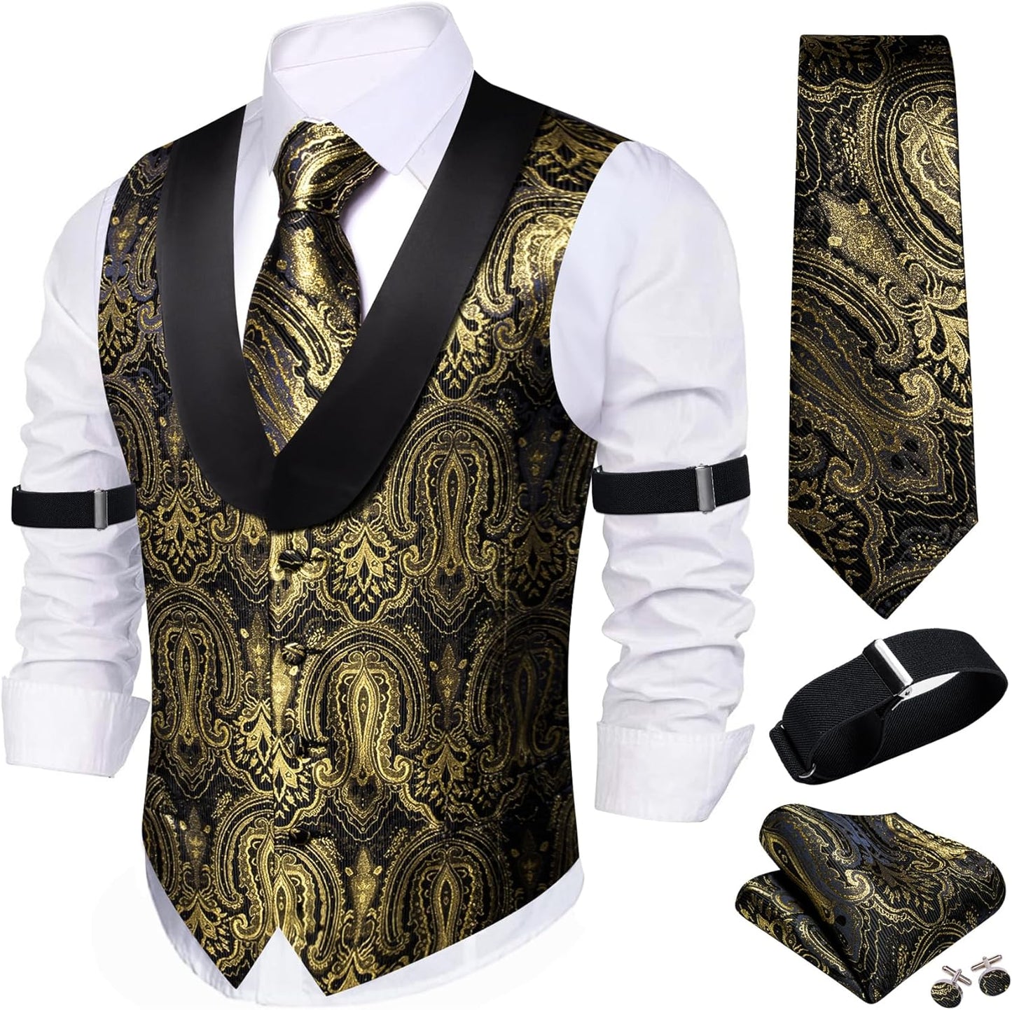 Barry.Wang Mens Silk Lapel Vest Tie Sleeve Holder Set for Weddings