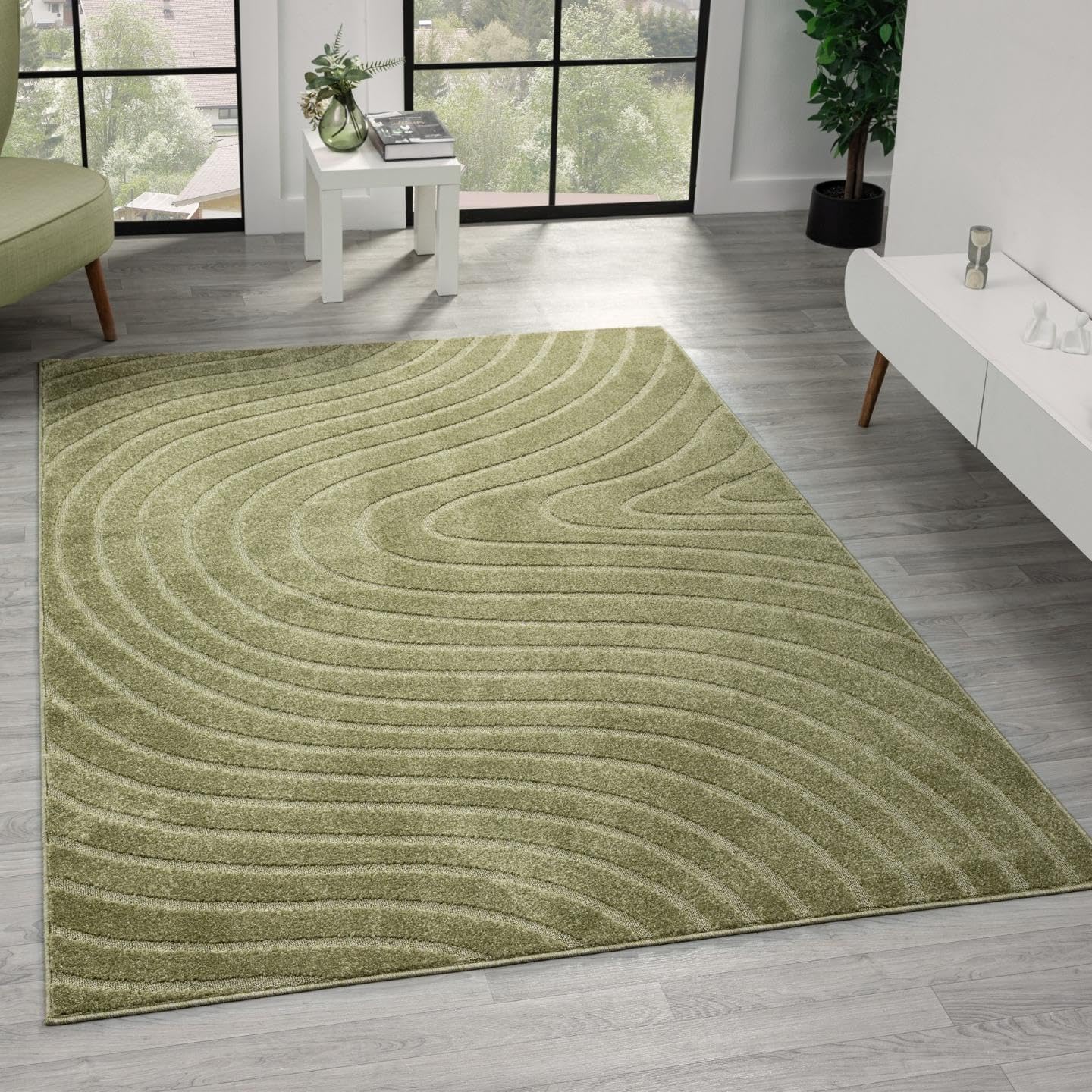 Modern Geometric Wave Green 8x10 Area Rug for Stylish Homes