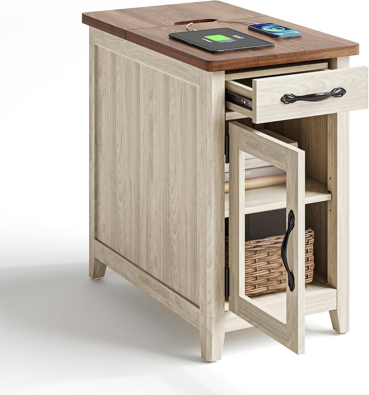 Farmhouse End Table with Charging Station for Living Room