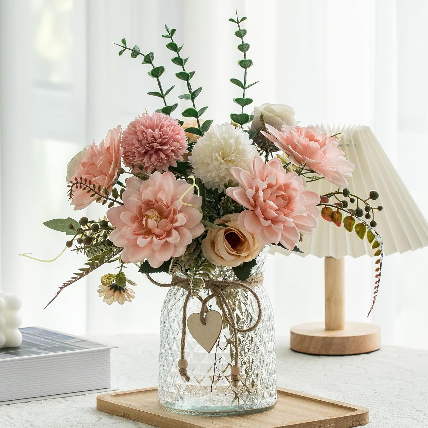 2 Pack Set Fake Flowers with Vase for Home Decor and More