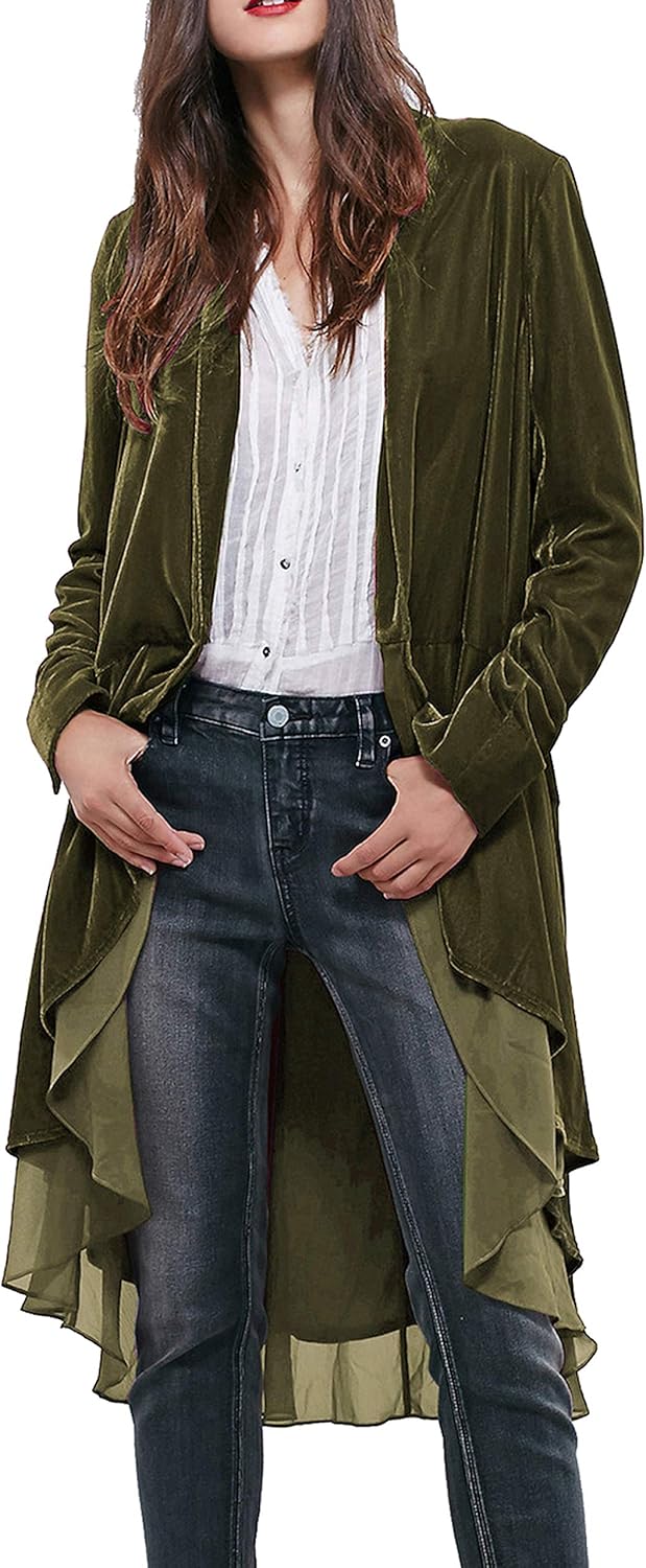 Ruffled Asymmetric Long Velvet Blazers Coat for Women