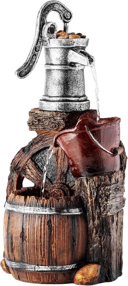 Outdoor Floor Tiered Rustic Barrel Water Fountain for Gardens