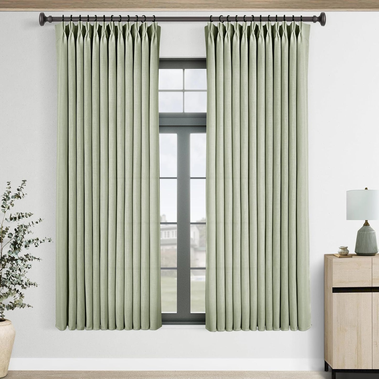 Sage Green Pinch Pleated Linen Curtains for Living Room 63 Inch