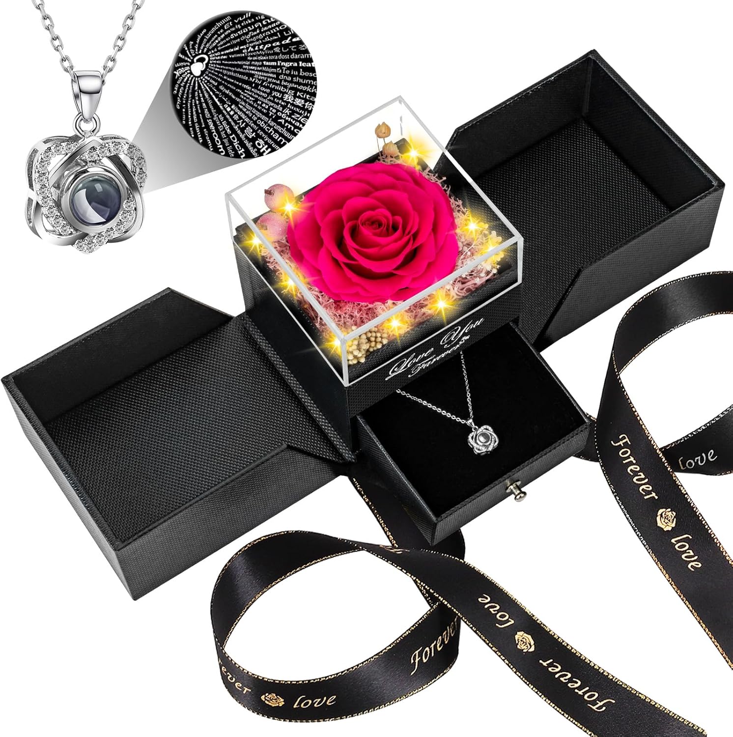 Preserved Dark Pink Real Rose with Heart Necklace for Her