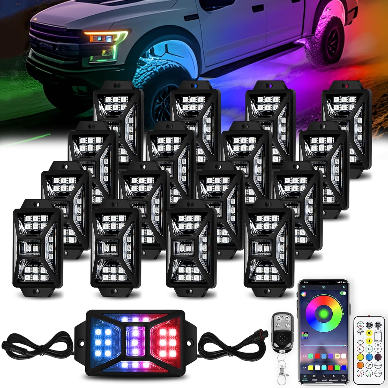 16 Pods RGB Rock Lights with App Control for Trucks and SUVs